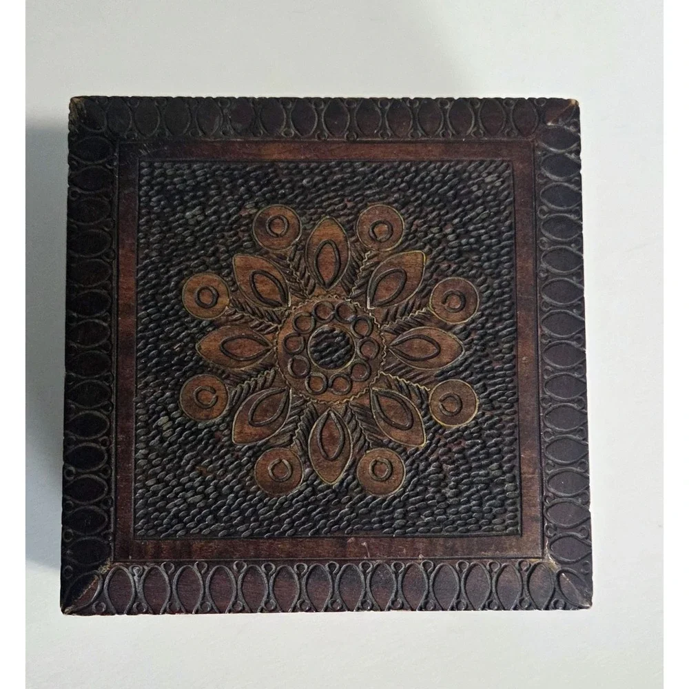 Vintage Polish Wooden Box Hand Carved Pyrography Hinged Trinket Wood Jewelry Box